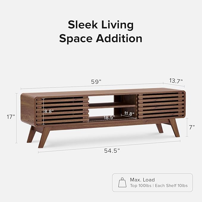 mopio Ensley 59 TV Stand with Slatted Door Mid Century Modern Entertainment Center for 55/60/65 inch TV Farmhouse Media Console with Storage Adjustable Shelves Round Edges Living Room (Walnut)