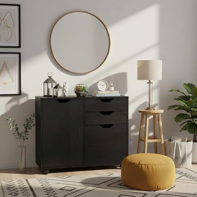 2 Section Mobile Filing Cabinet Black 3 Drawers File Storage Adjustable Shelf Rolling Casters Office Furniture