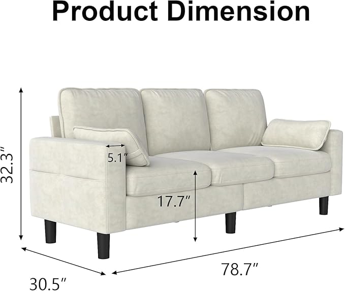 kinbor 3-Seater Couch - Big Comfy Sofa with Magazine Pockets &amp Detachable Cover Durable Foam Couch for Living Room Office Salon Creamy White