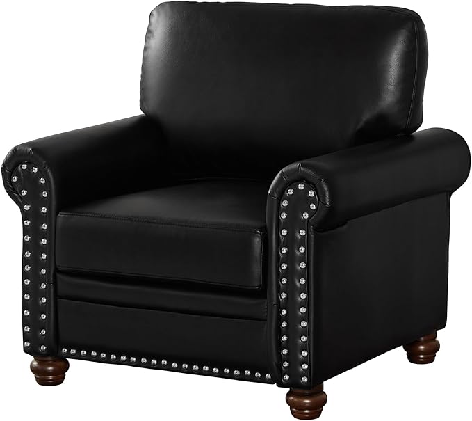 Harper &amp Bright Designs Sofa Chair Single Seat Chair with Wood Leg Nails Decoration Faux Leather Armchair for Living Room Bedroom Small Space (Black)