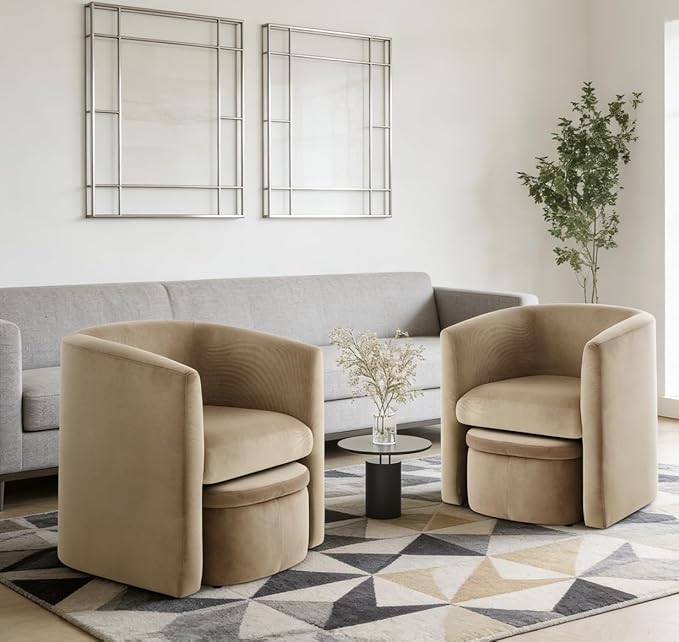 Velvet Accent Chair with Storage Ottoman No Assembly Upholstered Side Chair Morden Comfortable Living Room Armchairs for Bedroom/Reading Spaces Khaki
