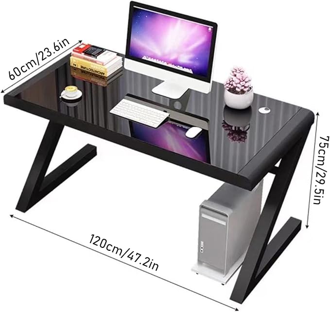 Tempered Glass Computer Desk Modern Design Student Writing Desk Study Desk Home Office Desk Gaming Desk Personal Workstation with Z-Shaped Metal Frame(47 Inch Black &amp White)