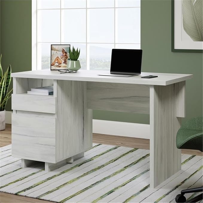 Pemberly Row Engineered Wood Desk 52 in Wide Haze Acacia Natural Finish Single Pedestal with Storage Drawers and Open Shelf Modern Home Office Desk for Organization and Workspace