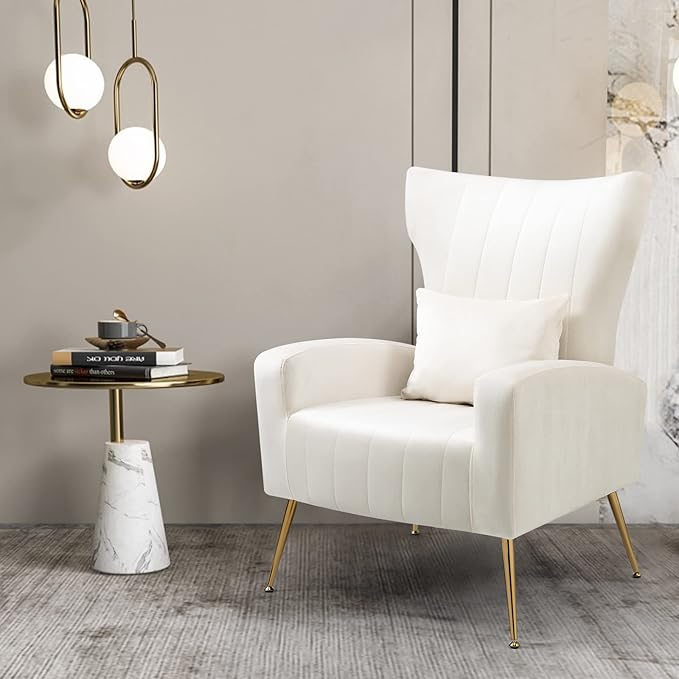 X-VOLSPORT Velvet Accent Chairs Set of 2 Mid Century Modern High Back Living Room Chair with Waist Pillow Upholstered Arm Chair with Metal Gold Legs for Bedroom Club White