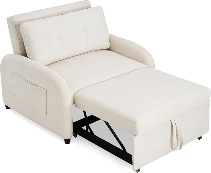 3-in-1 Convertible Sleeper Sofa Bed with Pillow &amp Pocket Loveseat Sleeper Chair in Soft Cotton Linen for Living Room Bedroom Study Apartment Beige
