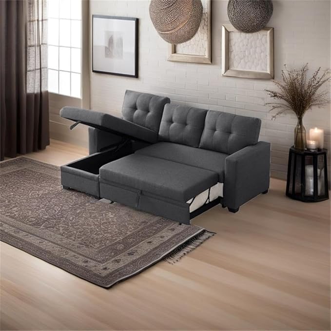 Devion Furniture L-Shaped Polyester Fabric Reversible Easy Convertible Pull-Out Sleeper Sectional Sofa/Storage Chaise with Tufted Back Cushions and Track Arms in Dark Gray