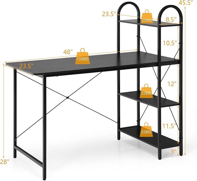 Tangkula 48-Inch Reversible Computer Desk with Storage Shelves Home Office Study Writing Desk with Bookshelves Writing Computer Workstation Home Office Desk (Black)