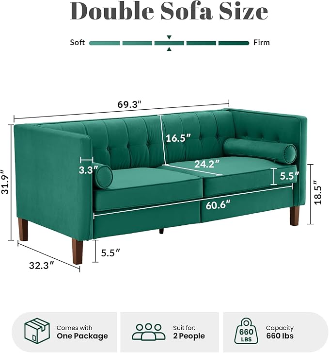 Dreamsir 58'' W Velvet Sofa Mid-Century Love Seats Sofa Furniture with Bolster Pillows Button Tufted Couch for Living Room Tool-Free Assembly (Loveseat Green)