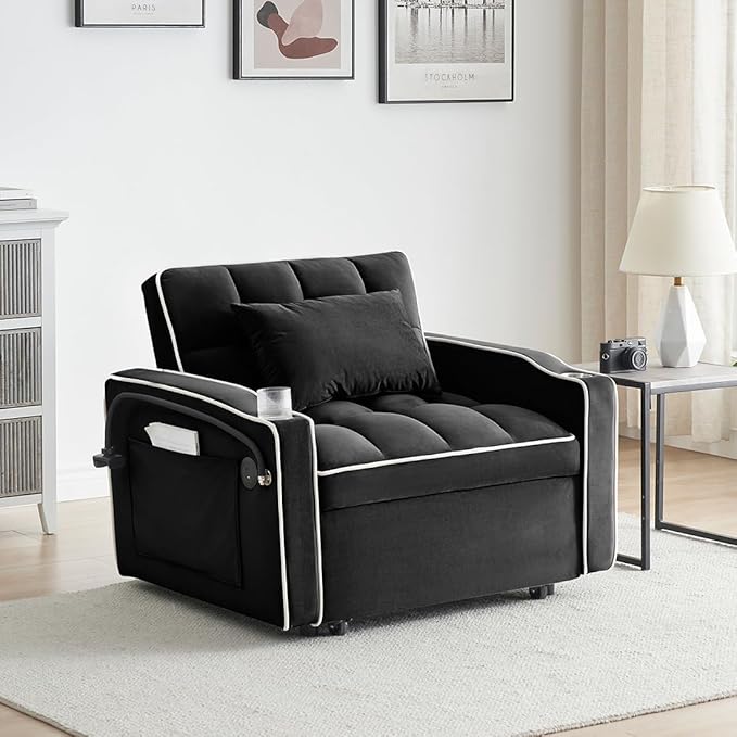 3 in 1 Convertible Sleeper Chair Modern Pull Out Couch Bed Single Recliner with Adjustable Back Velvet Futon Folding Sofa Bed Chair for Living Room Bedroom Small Spaces (Black-2)