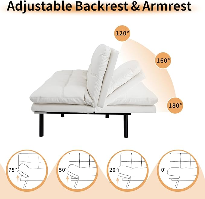MUUEGM 71 Convertible Futon Sofa Bed Adjustable Backrest &amp Armrest Couch Comfortable Sleeper Loveseat with Faux Leather Ideal for Small Space Living Room Apartment Office White
