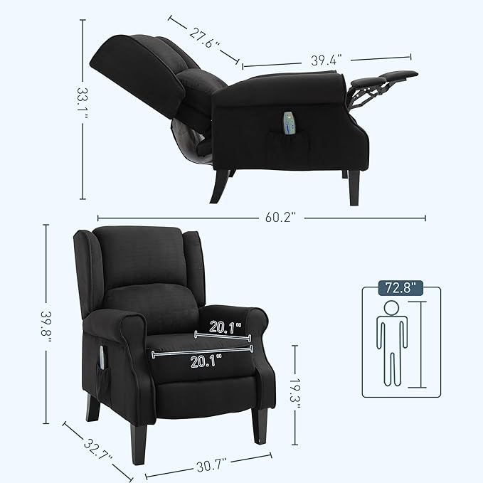 HOMCOM Vibration Massage Recliner Chair for Living Room with Heat Wingback Single Sofa Modern Suede Fabric Push Back Reclining Chair with Footrest Side Pocket Black