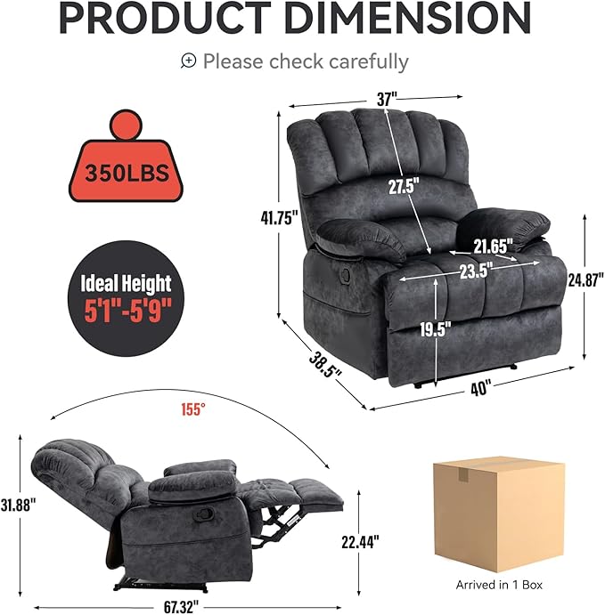 Manual Recliner Chair with Adjustable Recline for Living Room Oversized Lazyboy Recliner Chairs with Overstuffed Arm &amp Back Comfy Soft Fabric Lounge Single Sofa for Adults (Grey)