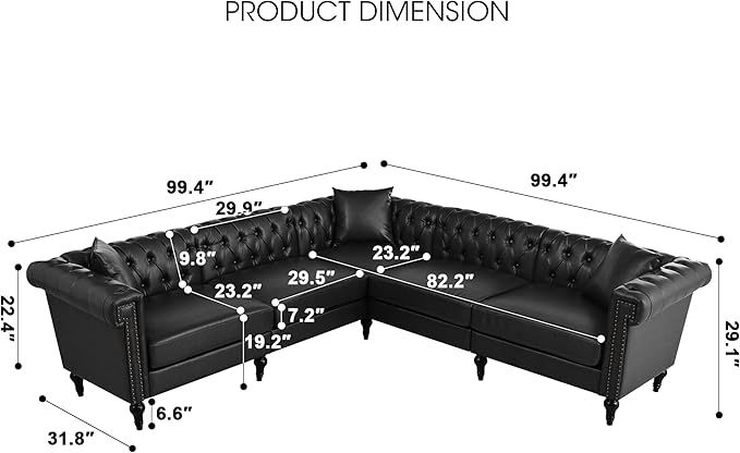 KEIKI 99 L-Shaped Luxury PU Leather Chesterfield Sectional Sofa with Rolled Arms and Nailhead Mid-Century Style Oversized 5-Seater Button Tufted Couch Easy Assembly for Living Room Black