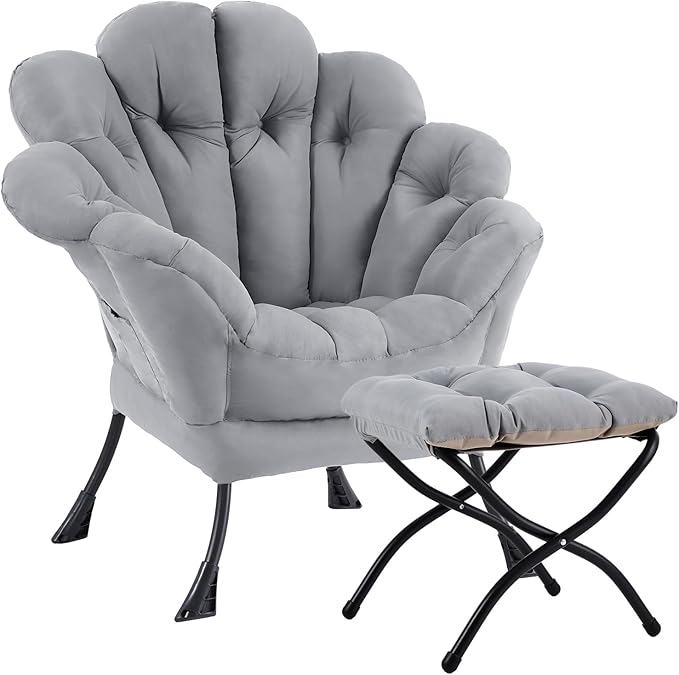 Lazy Chair With Ottoman Comfy Reading Lounge Accent Chair Leisure Floral Butterfly Armchair With Foding Footrest Wrapped Sturdy Soft Chair For Bedroom Dorm Room Living room（light grey）
