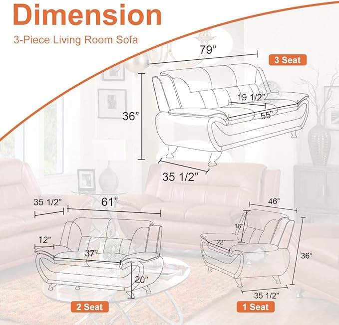 Lounge Comfy Faux Leather Sofa Modern Couch for Small Living Room/Dorm/Bedroom/Office/Apartment for Small Spaces (Orange Single Seat)