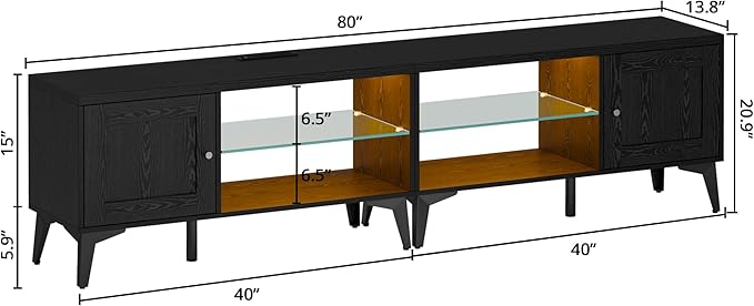 LIKIMIO 2-in-1 TV Stand for 85 Inch TV Black TV Consoles with LED Lights &amp Charging Station Entertainment Center with Storage Cabinets &amp Adjustable Glass Shelves TV Table for Living Room &a