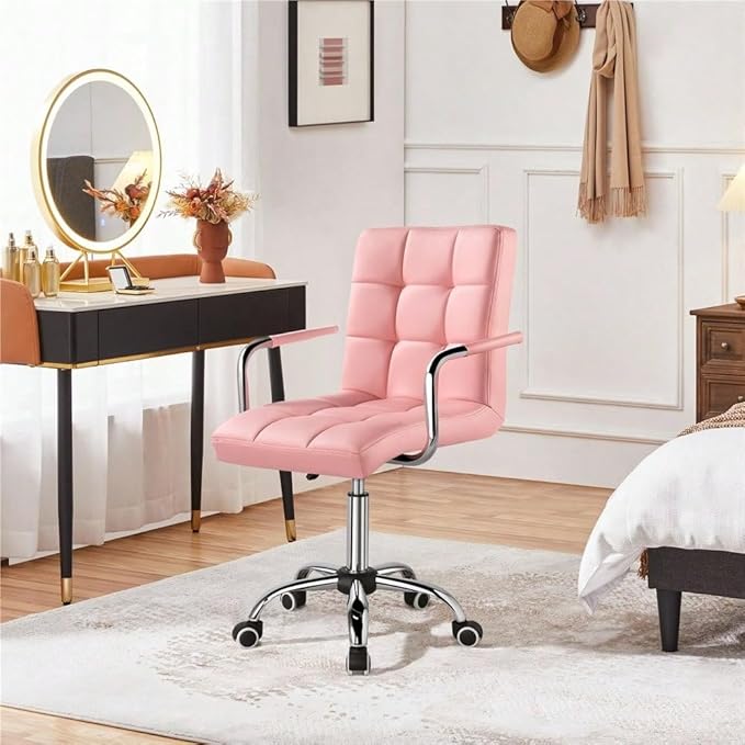 Butterslay Mid-Back PU Leather Office Chair with Armrests 360° Swivel Rolling Height Adjustable Desk Chair with Lumbar Support for Home Office Bedroom White/Pink/Brown/Retro Brown (Pink)