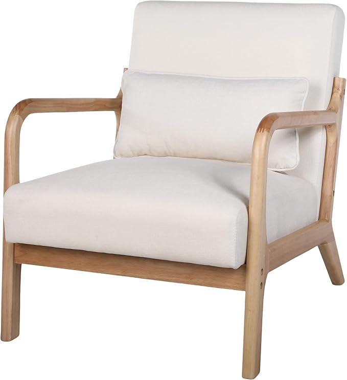 Mid-Century Modern Accent Armchair with Solid Rubberwood Frame Upholstered Lounge Chair with Detachable Lumbar Pillow for Living Room Bedroom &amp Office Upholstered Armchair for Girls Boys.