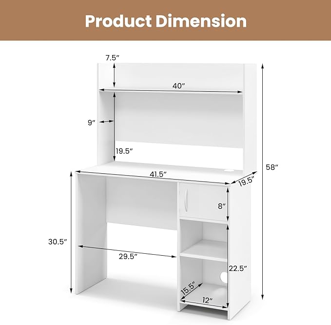 Tangkula Computer Desk with Hutch Home Office Desk with Raised Display Shelf &amp 2 Open Shelves Cabinet with Door Cable Management Holes Modern Laptop PC Desk Study Writing Desk for Bedroom