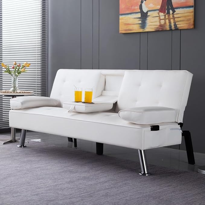 Sofa Bed Adjustment Sofa Double-Sided Double Sofa Folding Sofa Bed GuestbedcupholderBed Modern PU and Polyester Lounge Chair (White)