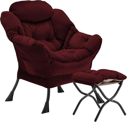 Lazy Chair with Folding Ottoman Accent Chair Velvet Upholstered with Metal Structure and Non-Slip Pads Sofa Armchair with Footrest and Side Storage Bag for Dorm Room Office Burgundy