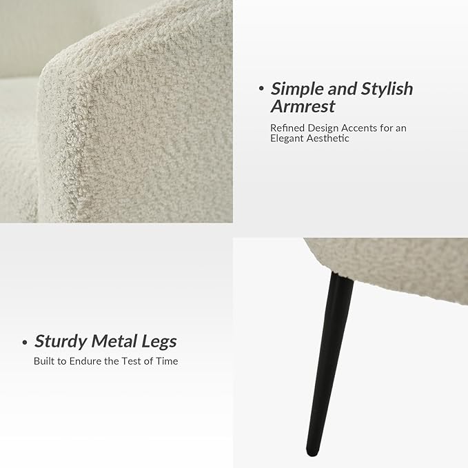 HULALA HOME Boucle Accent Chair Cozy Accent Barrel Chair with Metal Legs Upholstered Lounge Chair Single Sofa Armchair for Bedroom Living Room Reception Room Office Ivory