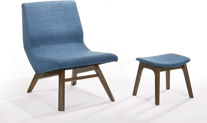 Limari Home Alexis Collection Modern Living Room Fabric Upholstered Accent Chair &amp Ottoman 2-Piece Set with Solid Rubberwood Frame Blue Walnut