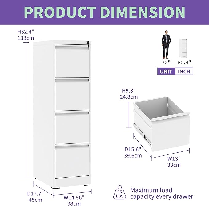 4 Drawer Small File Cabinet with Lock Under Desk Locking Drawers Storage Cabinet Organizer for Home Office Filing CabinetsWhite