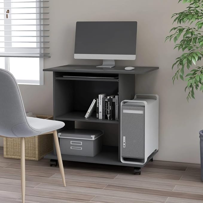 Modern Compact Gray Computer Desk with 3 Shelves and 4 Wheels for Home Office Engineered Wood Small Desk with Ample Storage and Mobility Sleek Design