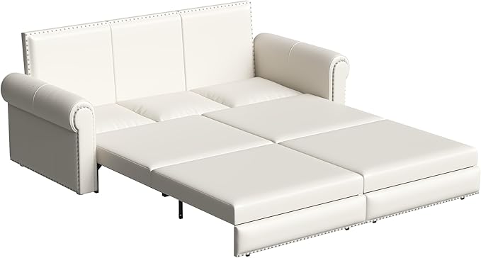 93.7 King Pull Out Sofa Bed Faux Leather Sleeper Sofa Couch 3 in 1 Convertible Futon Couches for Living Room Small Space Apartment Office Bedroom Modern Rivet Armrest Cream White