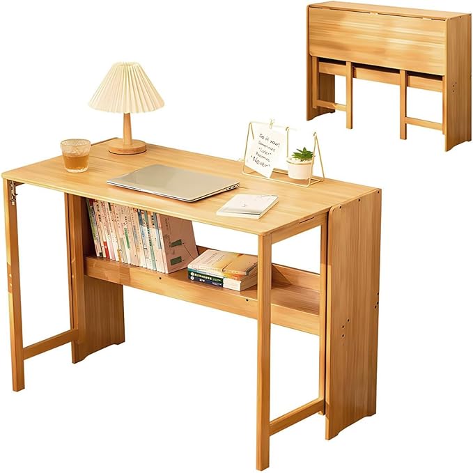 41'' Bamboo Folding Desk with Bookshelf – Space-Saving Computer Desk for Small Spaces Foldable Study Table Mid Century Modern for Home Office &amp Bedroom - Primary Color