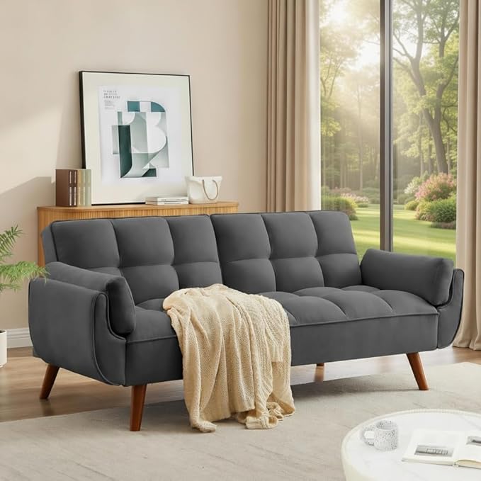 Convertible Futon Sofa Bed Modern Futon Couch with 2 Pillows Small Futons Couch with Adjustable Armrest &amp Backrest Loveseat Sofa Bed for Living Room Bedroom Deep Gray