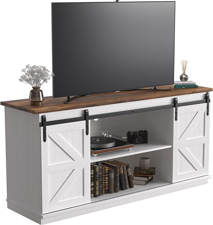 JUMMICO TV Stand for 65 Inch TV Entertainment Center with Storage Cabinets and Sliding Barn Doors Mid Century Modern Media TV Console Table for Living Room Bedroom (Bright White)