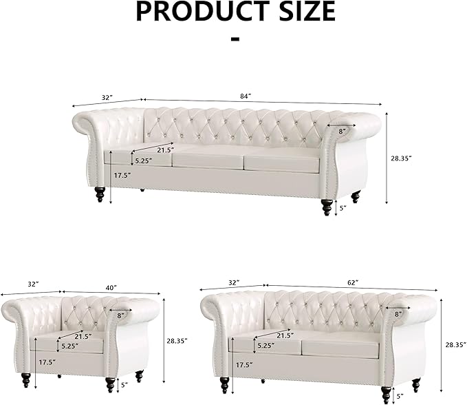 2 Piece Living Room Furniture Set Faux Leather Loveseat and Chair Set Mid Century Modern Upholstered Sofa Couch with Cushions Vintage Comfy Tufted Chesterfield Couches for Bedroom Office (White)