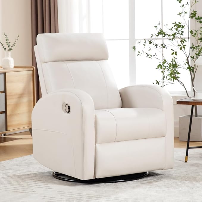 Swivel Rocker Recliner Chair Manual Faux Leather Recliner Glider Rocking Recliners 360°Swivel Nursery Reclining Chairs with Adjustable Headrest Highback for Living Room Cream