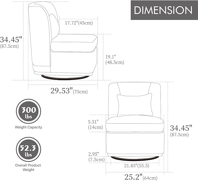 Swivel Accent Chair for Living Room25.2 Modern Chenille 360° Rotating Armless Chair with Metal BaseUpholstered Seat &amp PillowReading Chair for Office &amp Bedrooms (Gray)