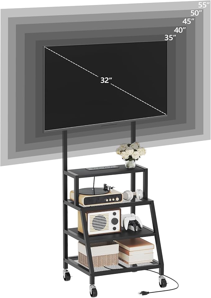 Rolling TV Stand with Mount Corner TV Console with Wheels Up to 55 Inches Entertainment Center with Storage Small TV Stand with Power Outlet for Living Room Bedroom Black TVBK117E01