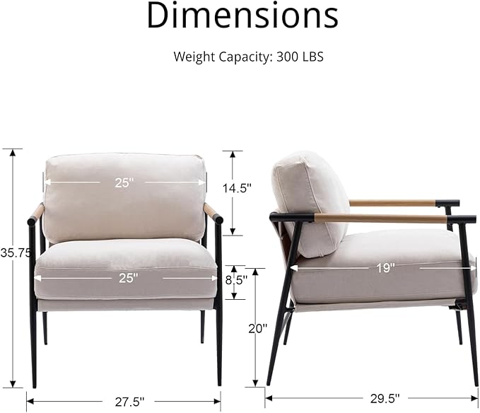 CIMOTA Modern Accent Chair Comfy Armchair Chenille Fabric Living Room Chair with Metal Frame Upholstered Leisure Chairs with Thick Cushion for Living Room Bedroom Balcony 1PC Beige