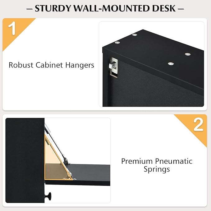 COSTWAY Wall-Mounted Computer Desk Floating Desk with Storage Drawer &amp Shelves Fold-up Desktop &amp Pneumatic Springs Ideal for Home Office Dormitory Small Spaces (Black)