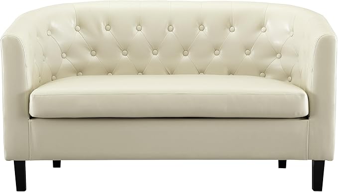 Emma Love Seat Button Tufted Faux Leather Barrel Loveseat Midcentury Modern 2 Seater Sofa Couch Small Loveseat for Small Spaces Bedrooms Couches for Living Room Easy Tool-Free Assembly - Cream