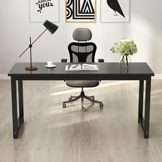 Tribesigns Modern Computer Desk 63 inch Large Office Desk Computer Table Study Writing Desk Workstation for Home Office Black Metal Frame