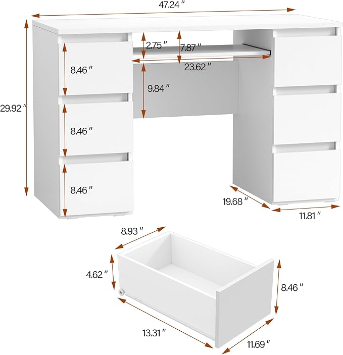 White Desk with Drawers Computer Desk for Bedroom Home Office Table with Storage 47 Inch Writing Wood Desks Executive Desks Workbench Study Counter Small Gaming Table White
