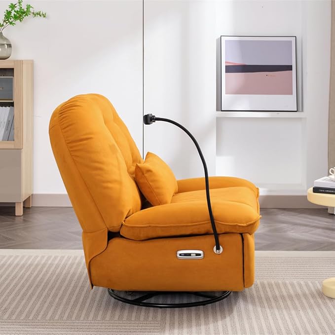 Power Recliner Sofa Chair 270 Degree Swivel Leisure Single Sofa with Button Control Wireless Speaker USB Ports Hidden Arm Storage Phone Holder for Living Room Orange Fabric (Without LED)