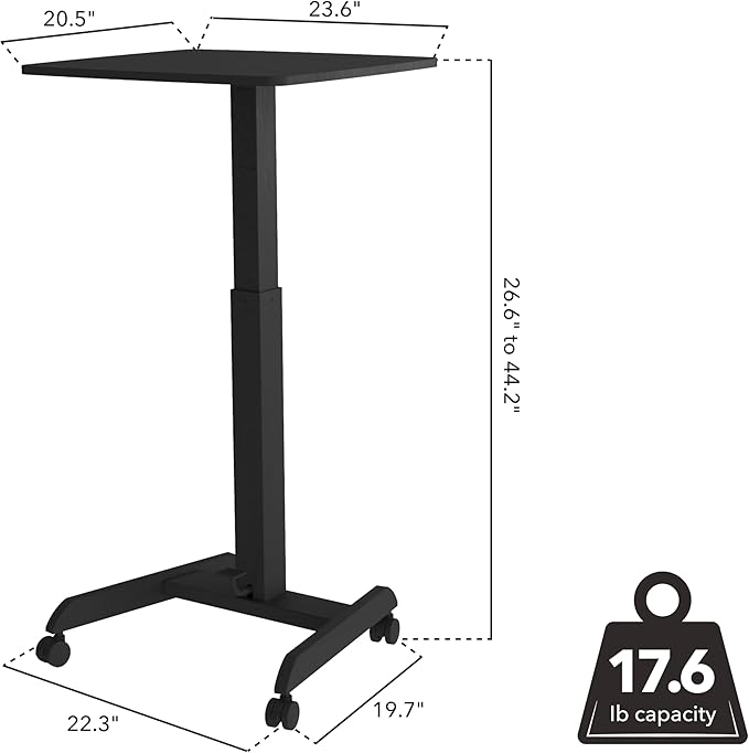 Mount-It! Rolling Laptop Desk Adjustable Height (29.6”-44.2”) Mobile Workstation Cart with 23.6” x 20.5” Desktop Small Sit-Stand Desk for Home Office or Classroom in Black