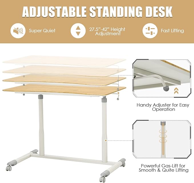 Tangkula Mobile Standing Desk Computer Desk Height Adjustable Stand Up Table with 4 Wheels Rolling Compact Standing Desk with Steel Frame MDF PVC Tabletop Ideal for Home Office (Natural)