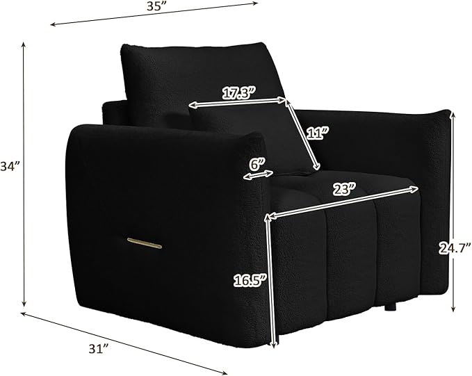 35 Cloud Couch Sofa Accent Chair for Living Room Comfy Plush Teddy Couch Sofa with Pillows and Back Cushions Cozy Modern Deep Seat Reading Chair for Bedroom Apartment Office Black