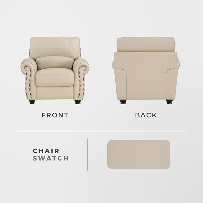 Lexicon Top Grain Leather Match Chair Accent Chairs for Living Room with Solid Wood Frame Rolled Armrest &amp Nailhead Trim Comfy Reading Chair for Bedroom Office Waiting Room Cream