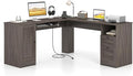 Giantex 66 L-Shaped Desk with Storage Drawers &amp Charging Station Spacious Corner Computer Desk with Keyboard Tray Adjustable Shelf Cabinet Huge Workspace Home Office Study Writing Desk (Grey
