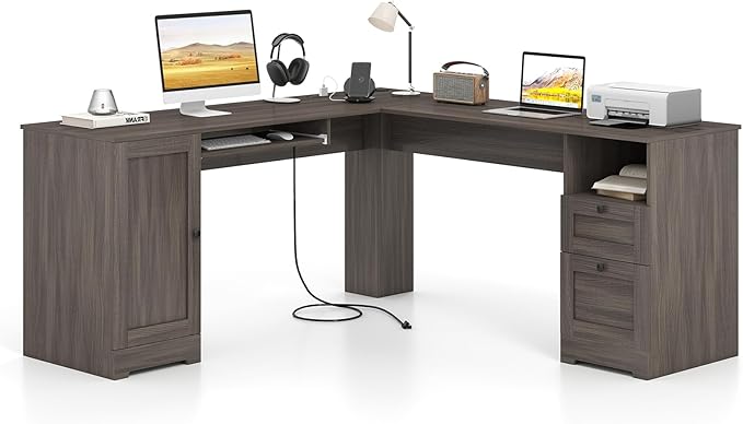 Giantex 66 L-Shaped Desk with Storage Drawers &amp Charging Station Spacious Corner Computer Desk with Keyboard Tray Adjustable Shelf Cabinet Huge Workspace Home Office Study Writing Desk (Grey