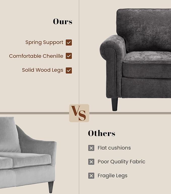 Kingfun Loveseat 2&amp3 Seater Couch with Chair Mid Century Modern Chenille Sofa Set with Rolled Arms and Deep Seats Fluffy Comfort for Living Room Apartment Easy Assembly Grey